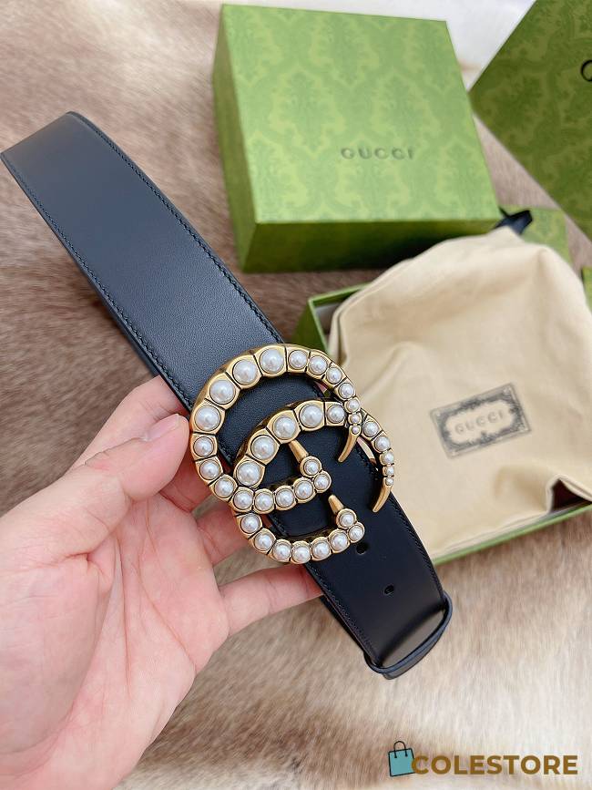Gucci Leather Belt With Crystal Double G Buckle - 1