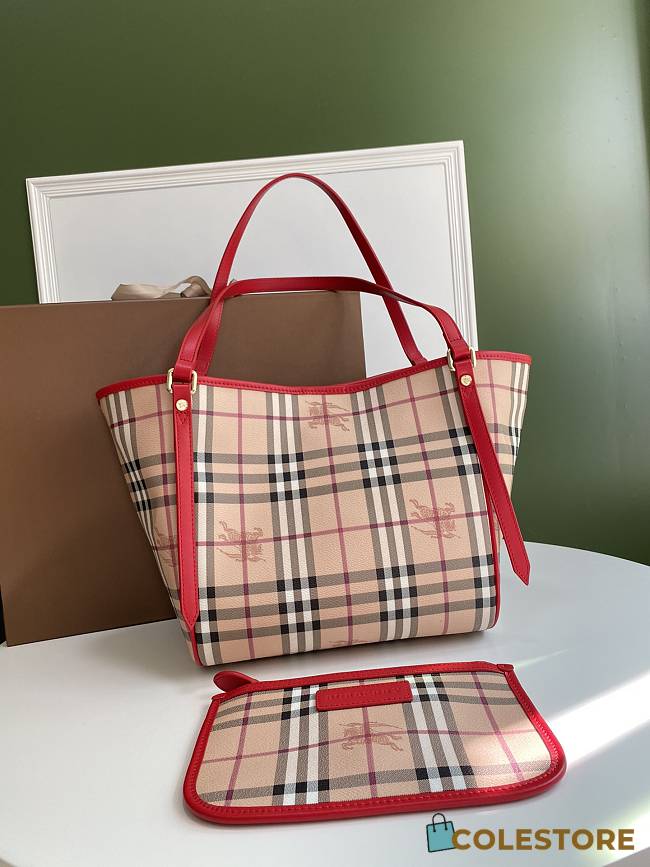 Burberry Haymarket Check Tote With Red Leather Trim 8883B Size 26x27cm - 1