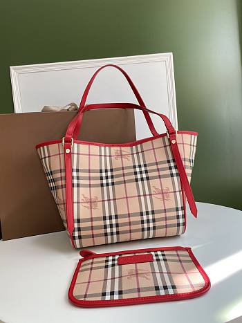 Burberry Haymarket Check Tote With Red Leather Trim 8883B Size 26x27cm