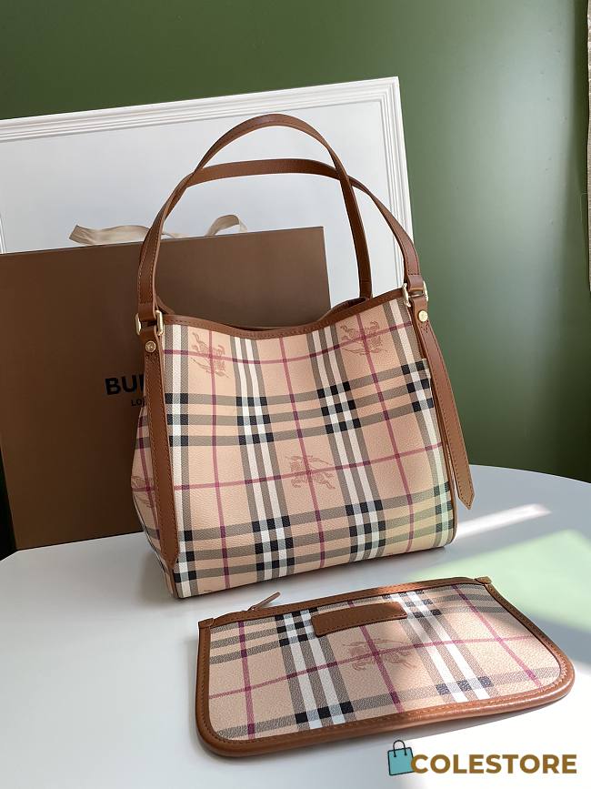 Burberry Haymarket Check Tote With Brown Leather Trim 8883B Size 26x27cm - 1