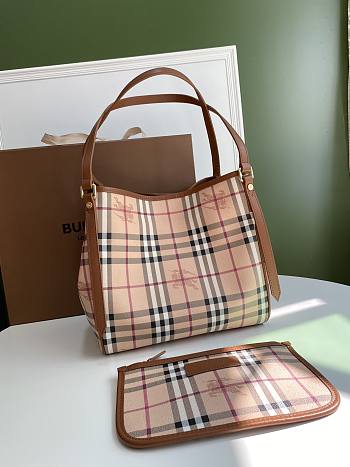 Burberry Haymarket Check Tote With Brown Leather Trim 8883B Size 26x27cm