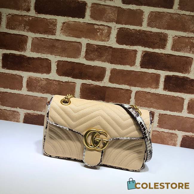 Gucci GG Marmont Raffia Shoulder Bag With White Python Leather Trim 443497 Size 26x15x7cm - 1
