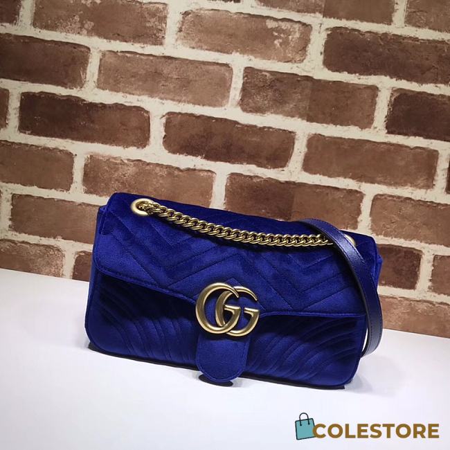 Gucci GG Marmont Small Shoulder Bag In Blue Velvet 443497 Size 26x15x7cm - 1