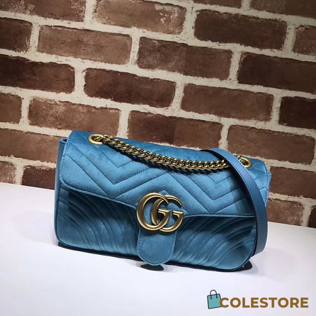 Gucci GG Marmont Small Shoulder Bag In Sky Blue Velvet 443497 Size 26cm - 1
