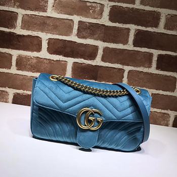 Gucci GG Marmont Small Shoulder Bag In Sky Blue Velvet 443497 Size 26cm
