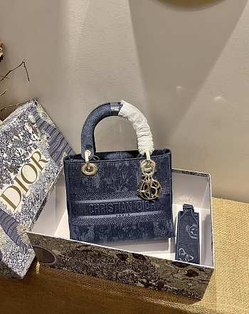 Dior Medium Lady D-lite Blue Embroidery Size 24cm