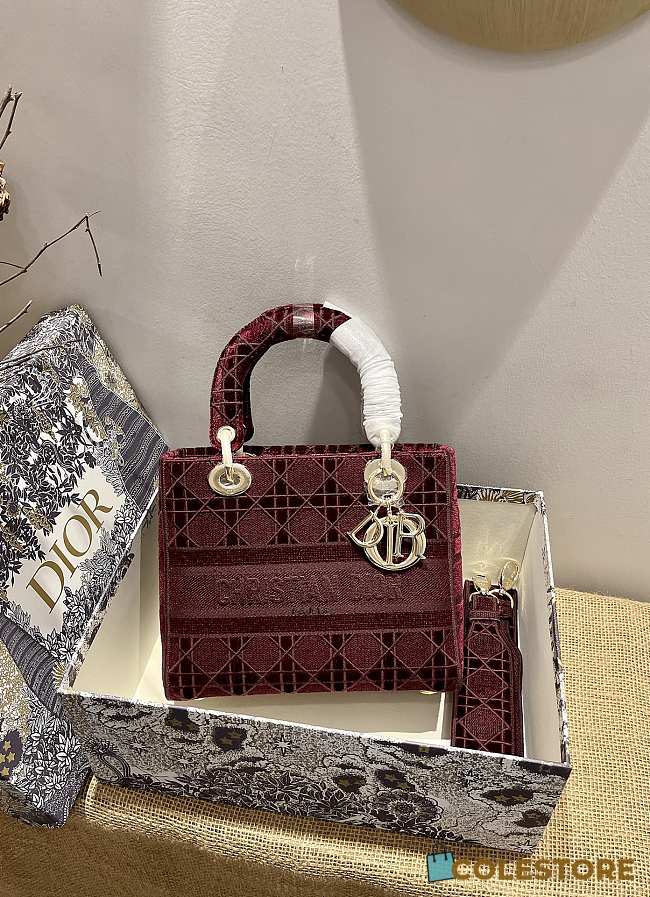 Dior Medium Lady D-lite Wine Embroidery Size 24cm - 1