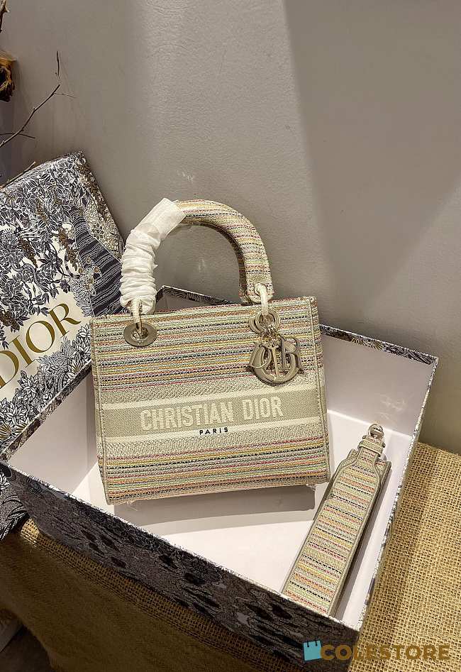 Dior Medium Lady D-lite Beige Embroidery Size 24cm  - 1