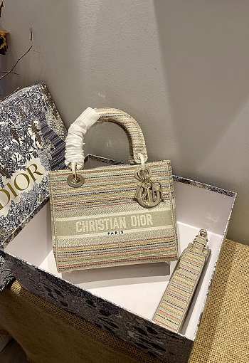 Dior Medium Lady D-lite Beige Embroidery Size 24cm 