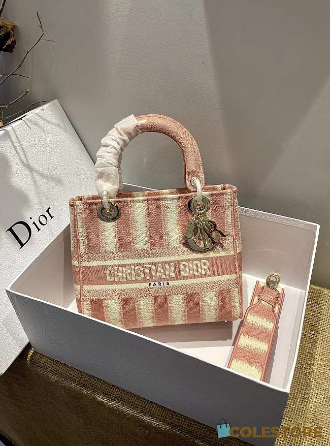 Dior Medium Lady D-lite Pink Stripes Embroidery Size 24cm  - 1