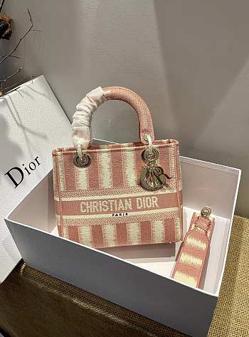 Dior Medium Lady D-lite Pink Stripes Embroidery Size 24cm 