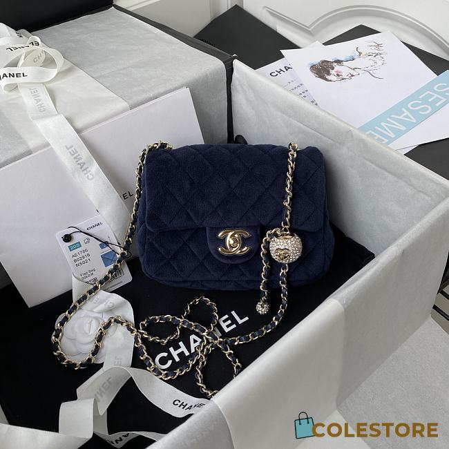 Chanel Mini Classic Flap Blue Velvet Bag Size 17cm - 1