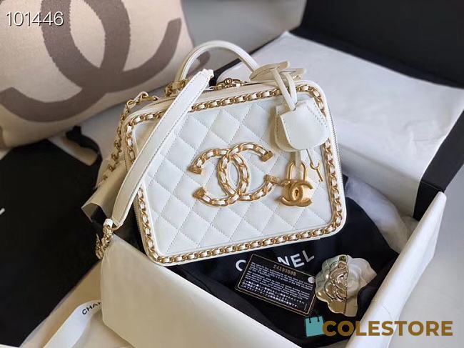 Chanel White Quilted Leather CC Filigree Chain Around Vanity Case Bag - 1