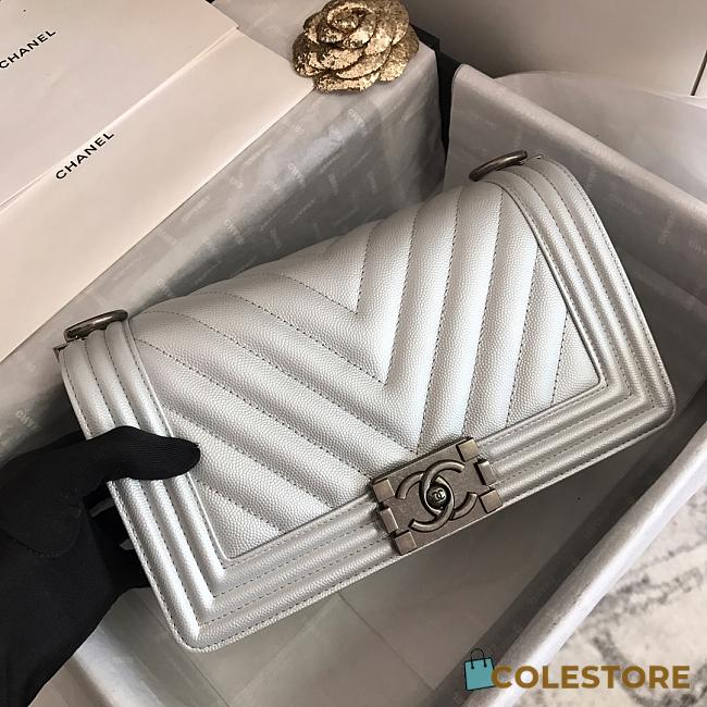 Chanel Boy Flap Bag Silver Chevron Calfskin 67086 Size 25cm - 1