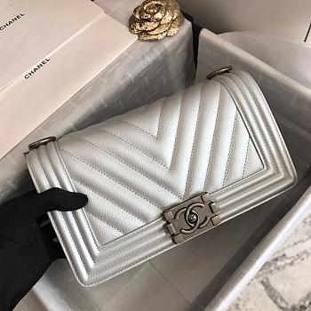 Chanel Boy Flap Bag Silver Chevron Calfskin 67086 Size 25cm