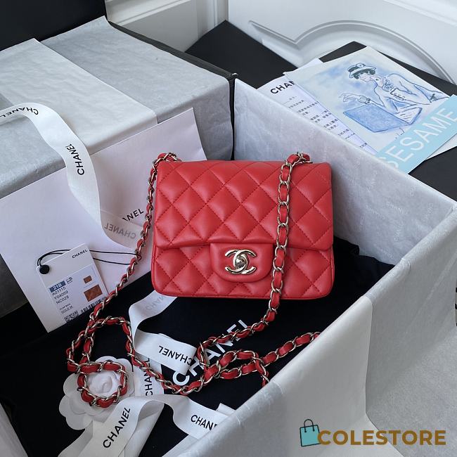 Mini flap bag, Lambskin & silver-tone metal, red — Fashion