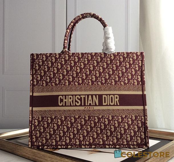 Dior Book Tote Oblique Burgundy Embroidery Size 42cm - 1