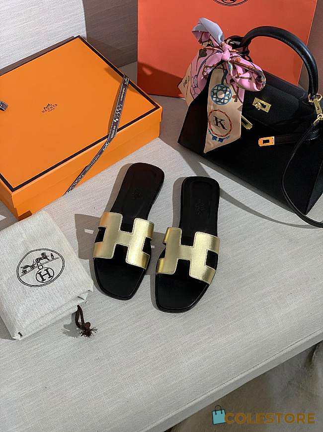 Hermes Oran Gold Slippers - 1
