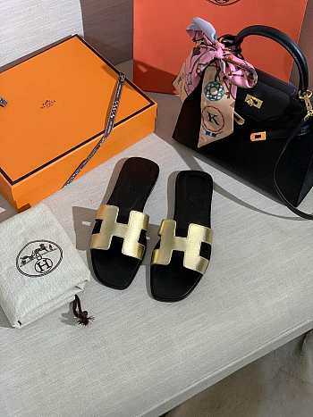 Hermes Oran Gold Slippers
