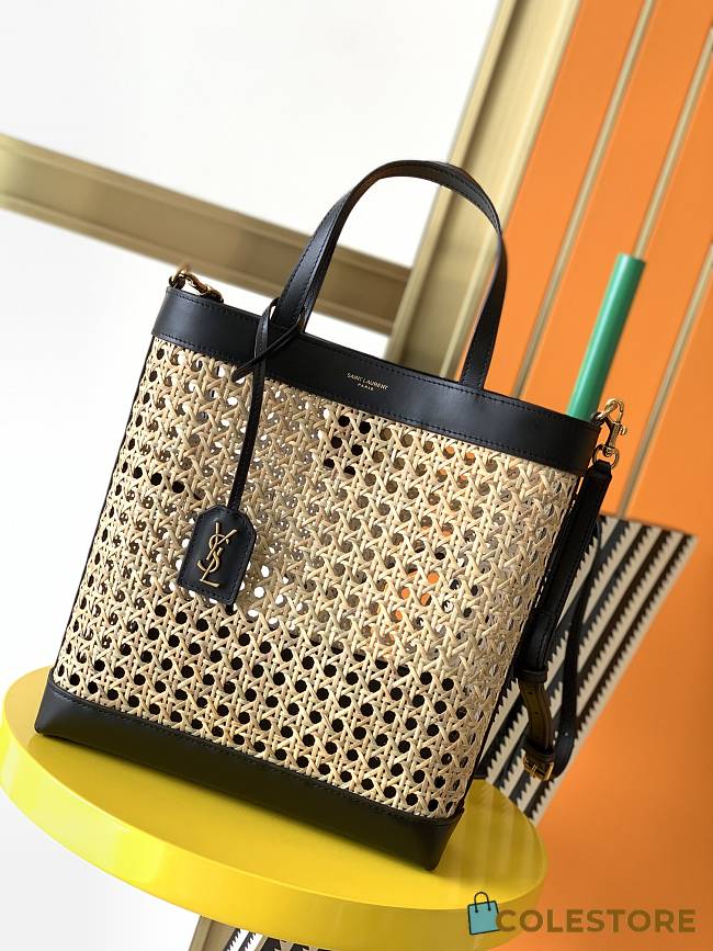 YSL Shopping Toy Leather-Trimmed Straw Tote In Black 28cm - 1