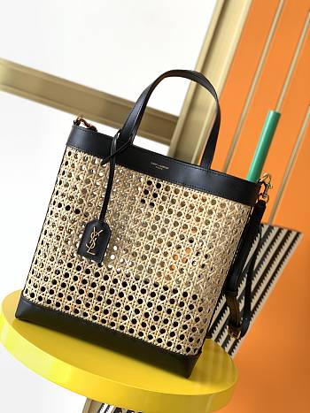 YSL Shopping Toy Leather-Trimmed Straw Tote In Black 28cm