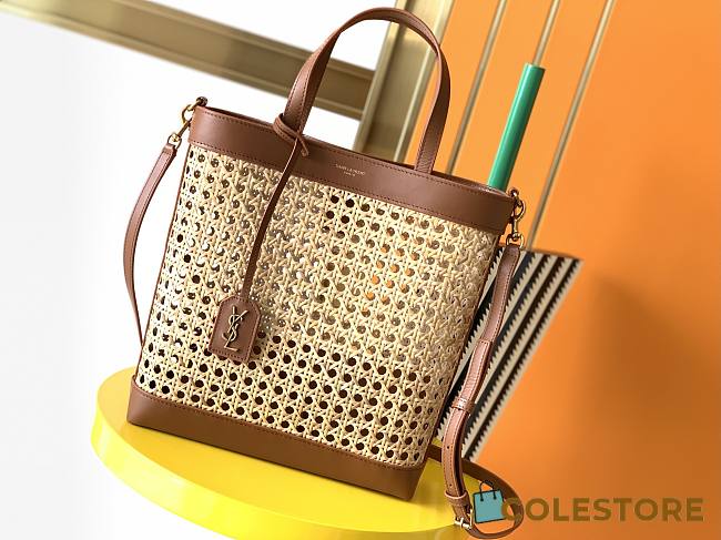 YSL Shopping Toy Leather-Trimmed Straw Tote In Brown 28cm - 1