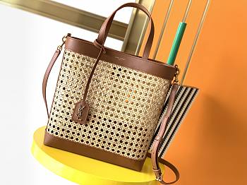 YSL Shopping Toy Leather-Trimmed Straw Tote In Brown 28cm