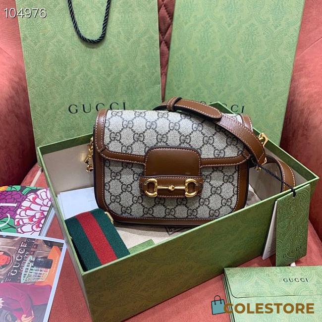 Brown Leather Trim Beige Gucci Horsebit 1955 mini bag 20.5cm - 1