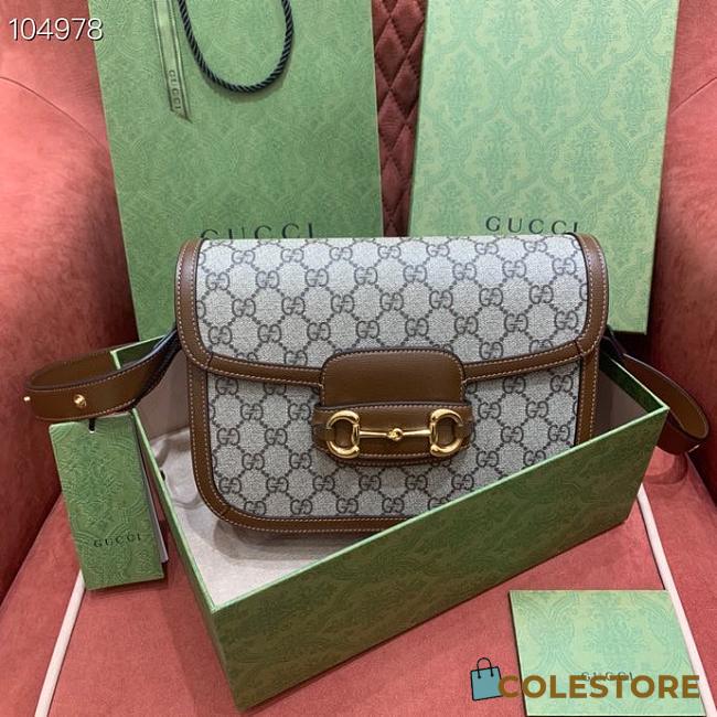 Brown Leather Trim Beige Gucci Horsebit 1955 Bag 25cm - 1