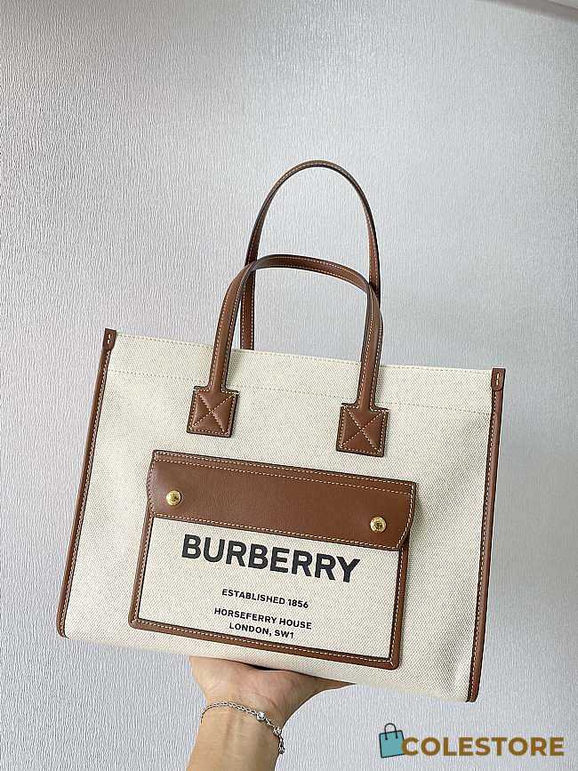 Burberry Small Leather Freya Tote Two-tone Canvas Tan 33cm - 1