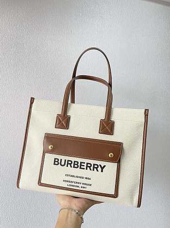 Burberry Small Leather Freya Tote Two-tone Canvas Tan 33cm
