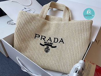 Prada Raffia Woven Tote Bag In Tan 36x38x11 cm