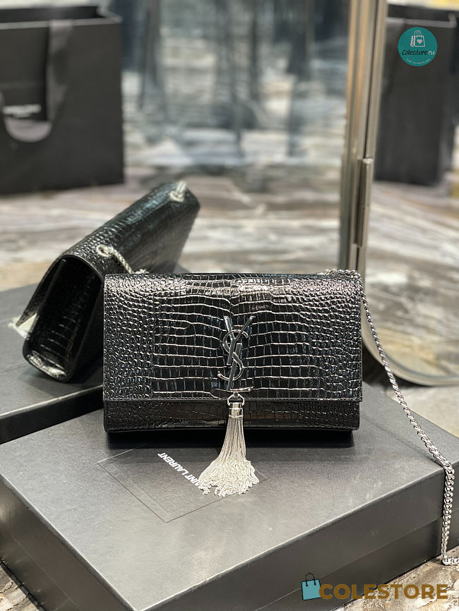 YSL Kate Medium With Tassel In Embossed Crocodile Shiny Leather Black 354119 24x14.5x5cm - 1