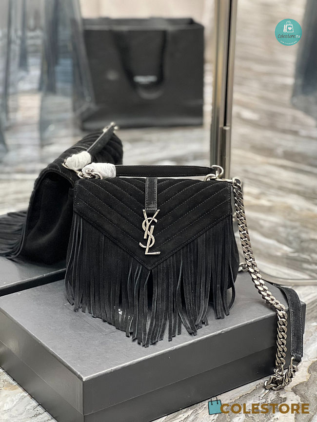 YSL College Medium Chain Bag In Light Suede With Fringes 392737 24x17x6.5cm - 1