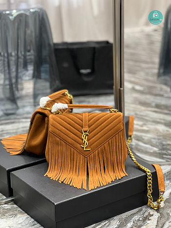YSL College Medium Chain Bag In Light Suede With Fringes Yellow 392737 24x17x6.5cm