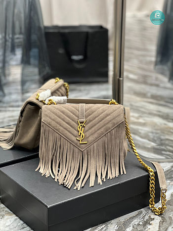 YSL College Medium Chain Bag In Light Suede With Fringes Tan 392737 24x17x6.5cm