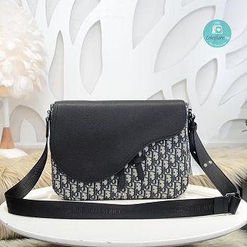 Dior Mini Saddle Messenger Bag In Black Oblique Jacquard And Black Grained Calfskin 35x24x6cm