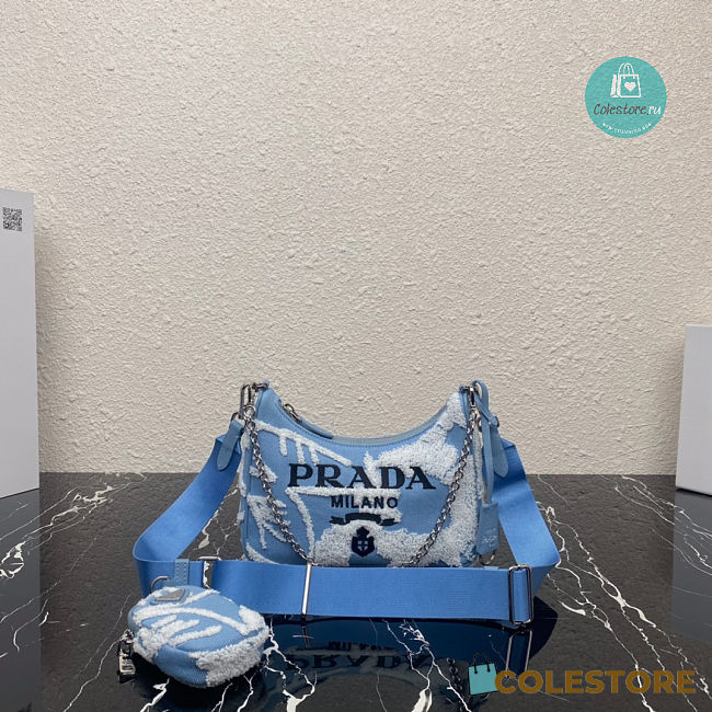 Prada Re-Edition 2000 Embroidered Drill Mini Bag In Blue 22x18x6 cm - 1