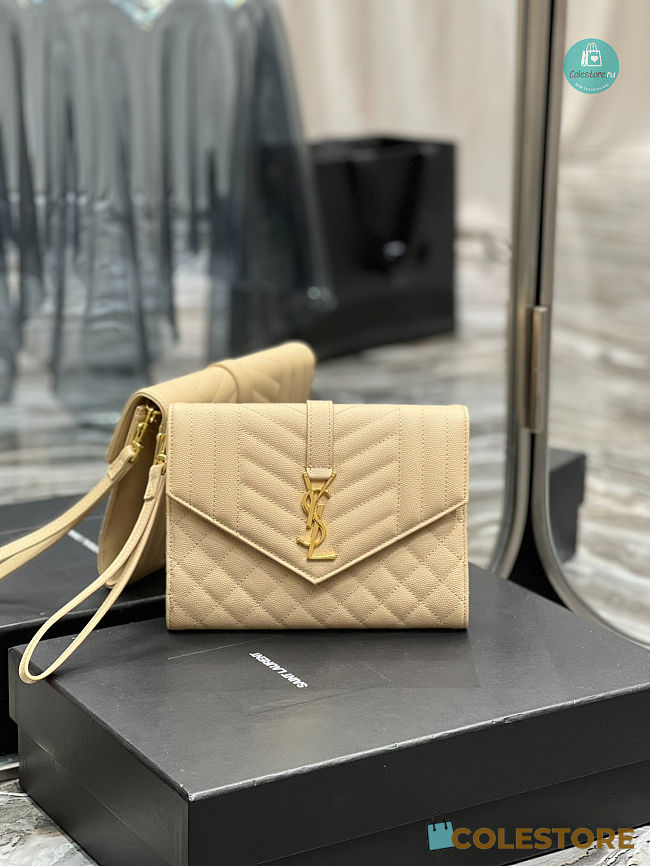YSL Monogram Chain Wallet In Mix Matelassé Grain De Poudre Embossed Leather Beige 21×6×3 cm - 1