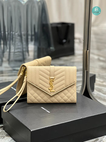 YSL Monogram Chain Wallet In Mix Matelassé Grain De Poudre Embossed Leather Beige 21×6×3 cm