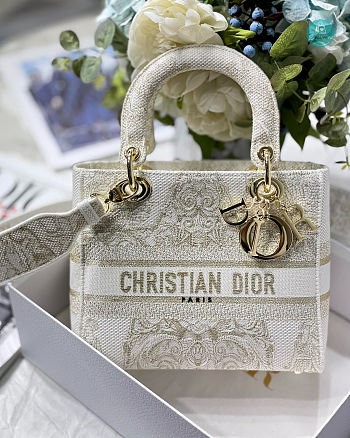 Lady D-lite Gold Tone Embroidery Medium Bag 24x20x11cm