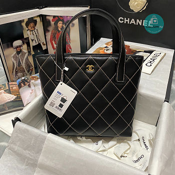 Chanel Wild Stitch Hand Tote Bag Calfskin Leather In Black 23x24x9cm