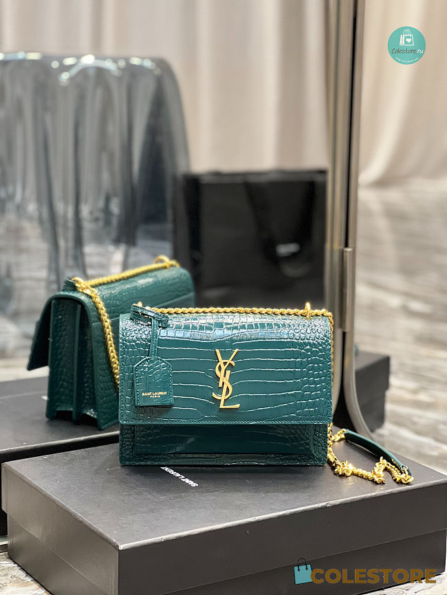 YSL Sunset Medium Teal Crocodile-effect Leather Shoulder Bag In Green 22x8x16 cm - 1