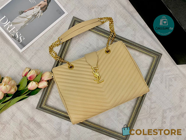 YSL Beige Quilted Grained Leather Monogram Chain 32x25x10cm - 1