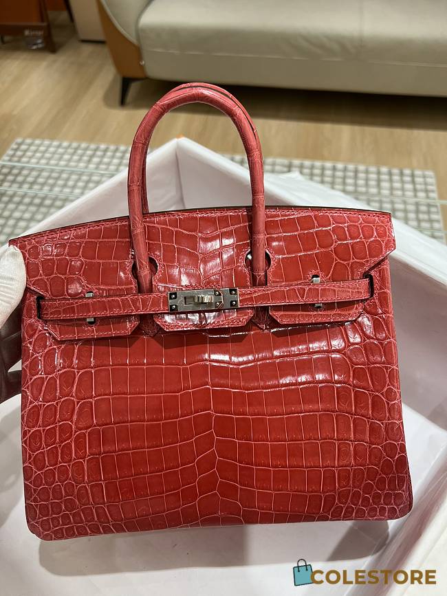 Hermes Birkin Shinny Crocodile Leather In Red 25cm - 1