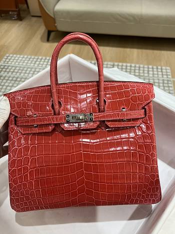 Hermes Birkin Shinny Crocodile Leather In Red 25cm