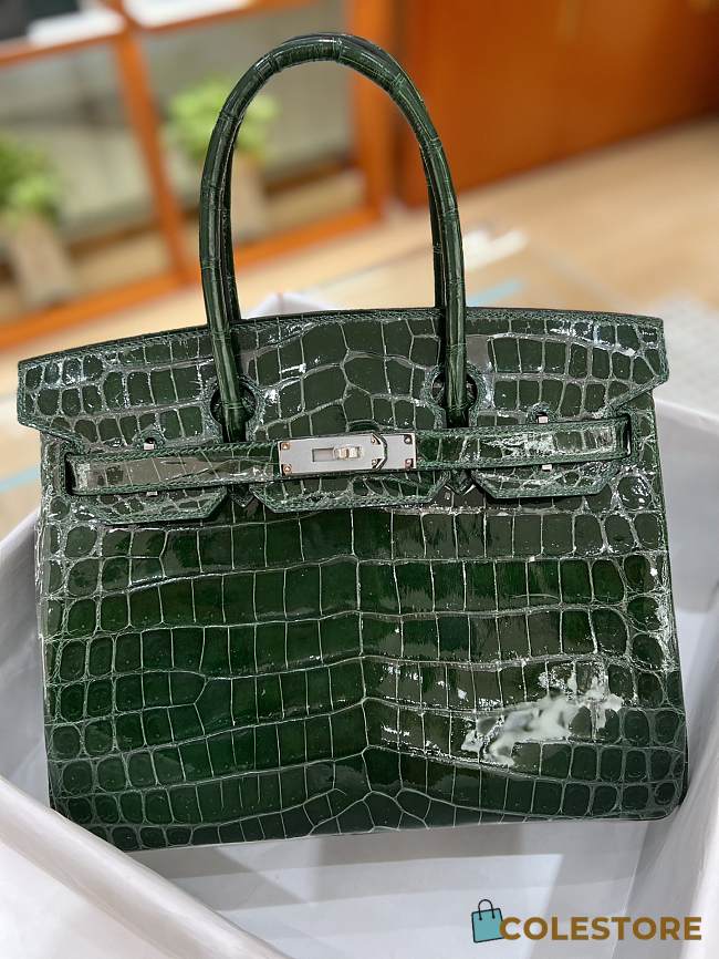 Hermes Birkin Shinny Crocodile Leather Green 30cm - 1