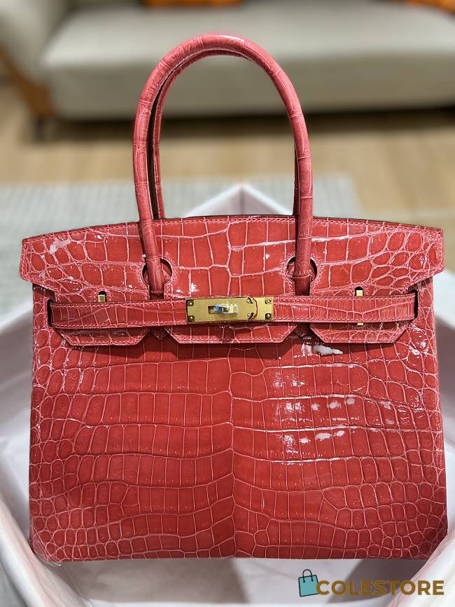Hermes Birkin Shinny Crocodile Leather In Red 30cm - 1