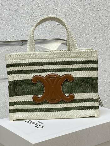 Celine Small Cabas Thais In Striped Fabric And Calfskin Green 29x16x13cm