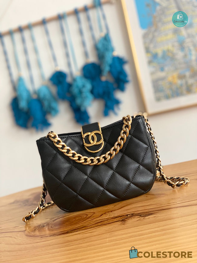 Chanel Small HOBO Handbag Lambskin In Black 12.5x19x6.5cm - 1